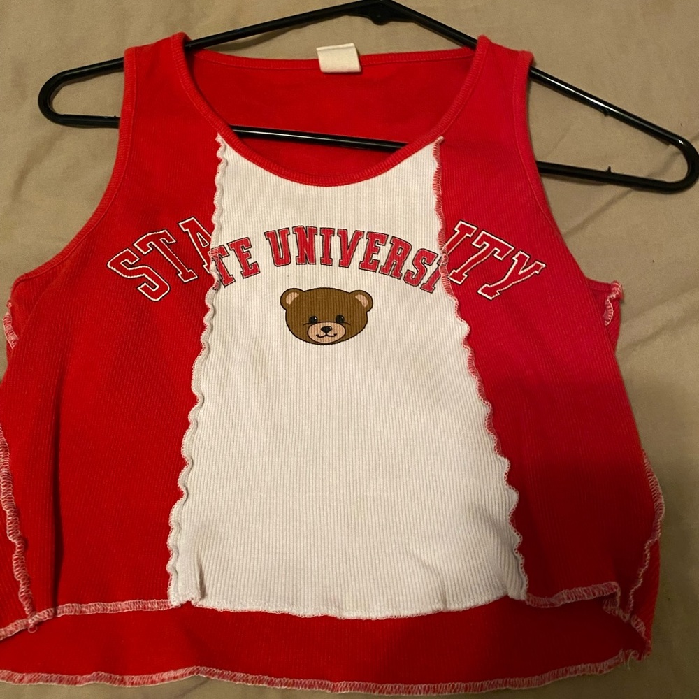 cute cropped red and white tank top with bear and “state university” on it